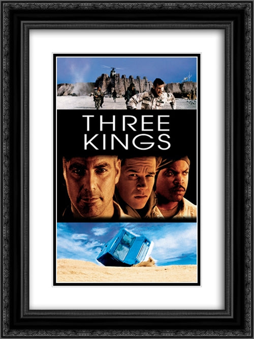 Three Kings 18x24 Black Ornate Wood Framed Movie Poster with Double Matting