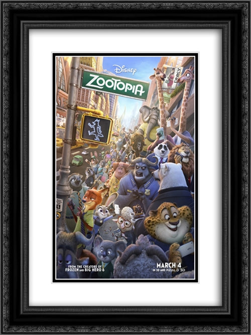 Zootopia 18x24 Black Ornate Wood Framed Movie Poster with Double Matting