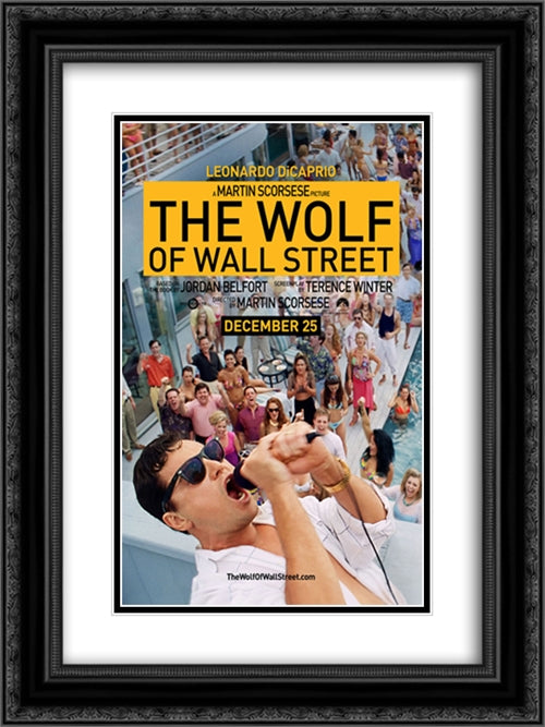 The Wolf of Wall Street 18x24 Black Ornate Wood Framed Movie Poster with Double Matting