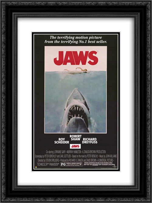 Jaws 18x24 Black Ornate Wood Framed Movie Poster with Double Matting