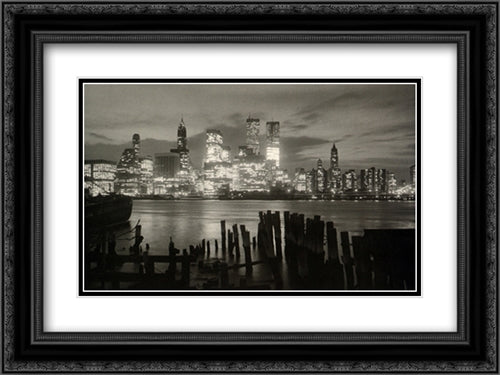 Manhattan Skyline 20x16 Black Ornate Wood Framed Art Print Poster with Double Matting
