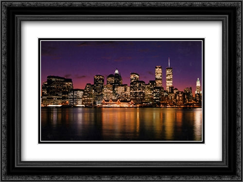 New York Skyline At Night 20x16 Black Ornate Wood Framed Art Print Poster with Double Matting by Ross, Bill