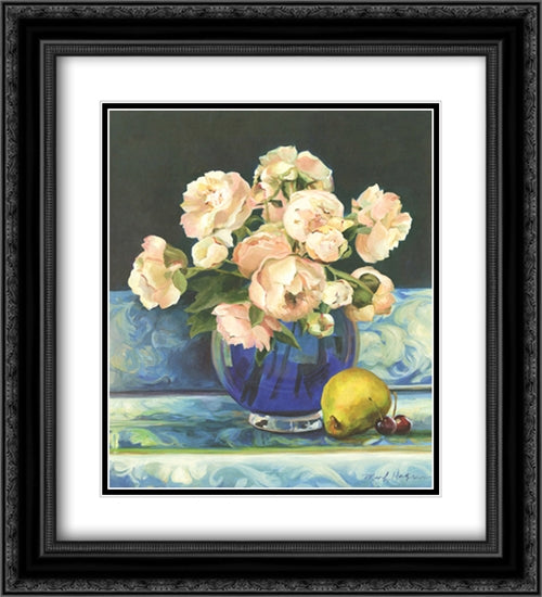 Peonies in Cobalt Vase 2x Matted 20x24 Black Ornate Wood Framed Art Print Poster with Double Matting by Hageman, Marilyn