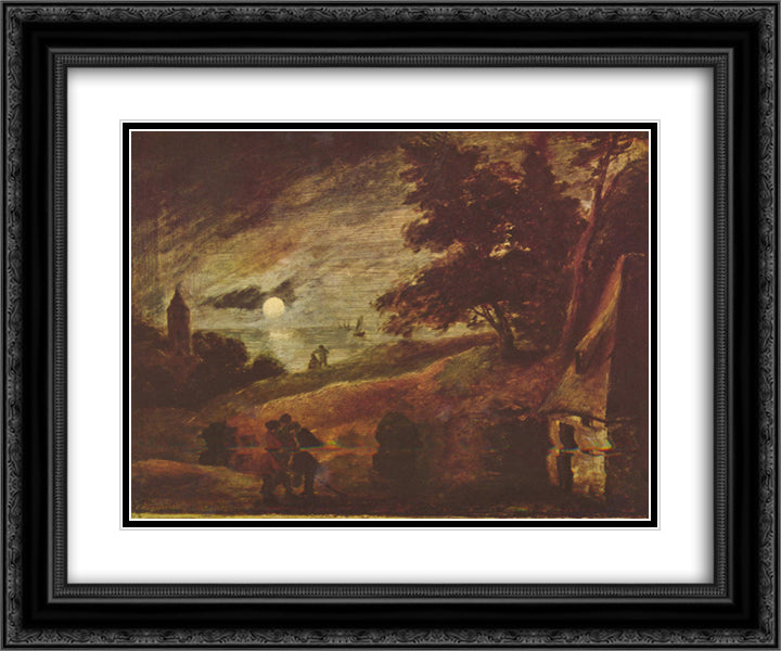 Moonlit landscape 24x20 Black Ornate Wood Framed Art Print Poster with Double Matting by Brouwer, Adriaen