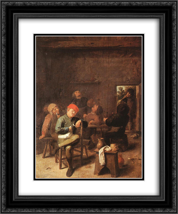 Peasants Smoking And Drinking 20x24 Black Ornate Wood Framed Art Print Poster with Double Matting by Brouwer, Adriaen