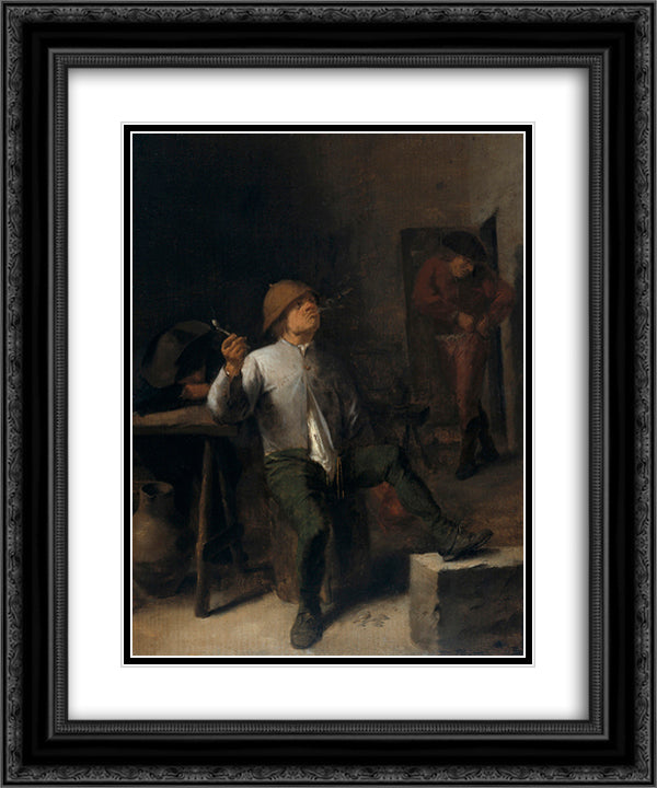 The Smoker 20x24 Black Ornate Wood Framed Art Print Poster with Double Matting by Brouwer, Adriaen