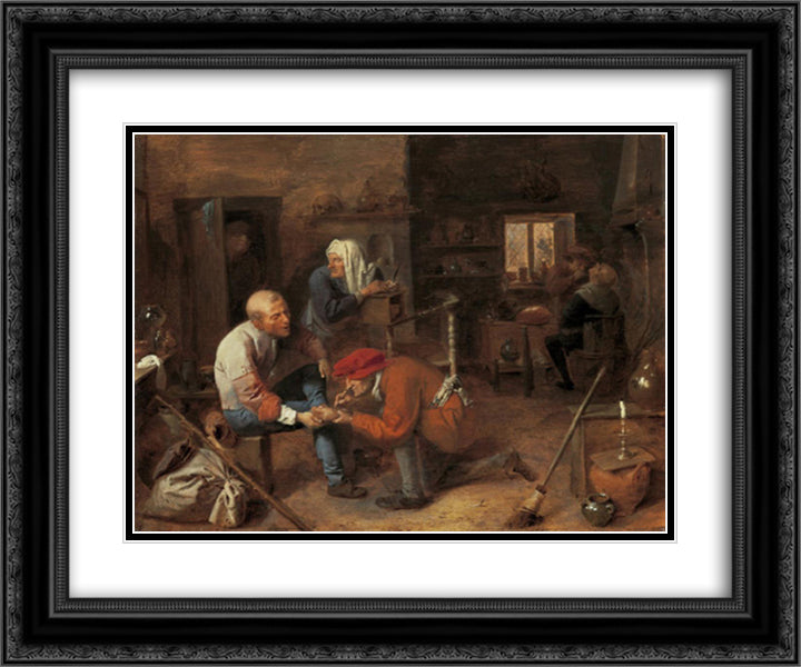 Village barbershop 24x20 Black Ornate Wood Framed Art Print Poster with Double Matting by Brouwer, Adriaen