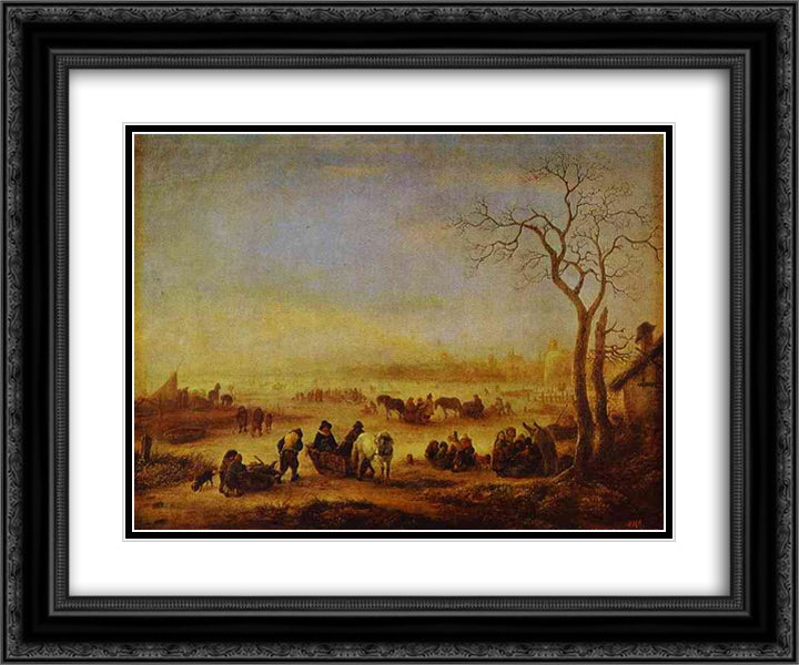 A Frozen Lake 24x20 Black Ornate Wood Framed Art Print Poster with Double Matting by Ostade, Adriaen van