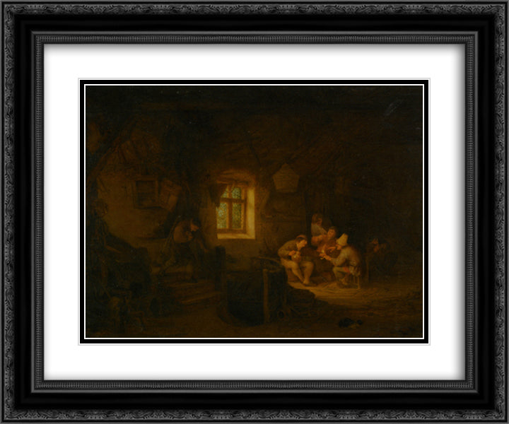 A Tavern Interior with Peasants Drinking Beneath a Window 24x20 Black Ornate Wood Framed Art Print Poster with Double Matting by Ostade, Adriaen van