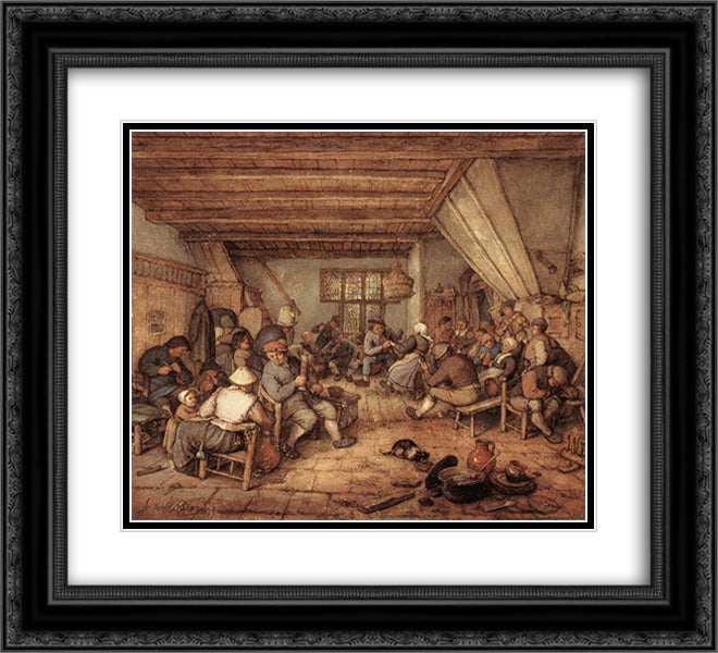 Feasting Peasants in a Tavern 22x20 Black Ornate Wood Framed Art Print Poster with Double Matting by Ostade, Adriaen van