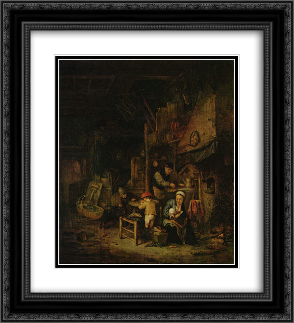 Interior with a Peasant Family 20x22 Black Ornate Wood Framed Art Print Poster with Double Matting by Ostade, Adriaen van