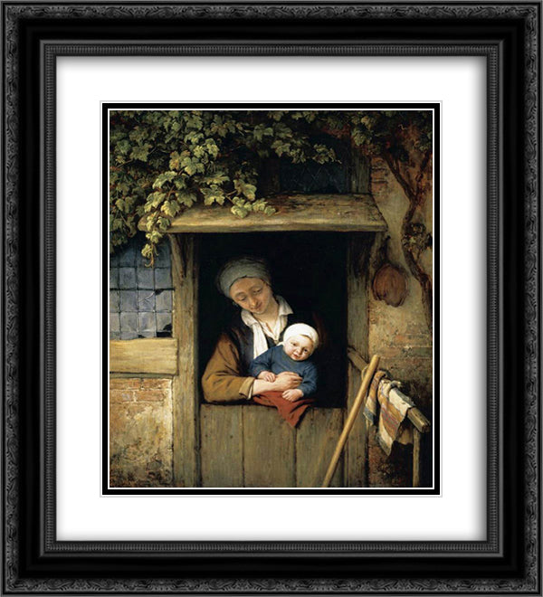 Mother Holding Her Child in a Doorway 20x22 Black Ornate Wood Framed Art Print Poster with Double Matting by Ostade, Adriaen van