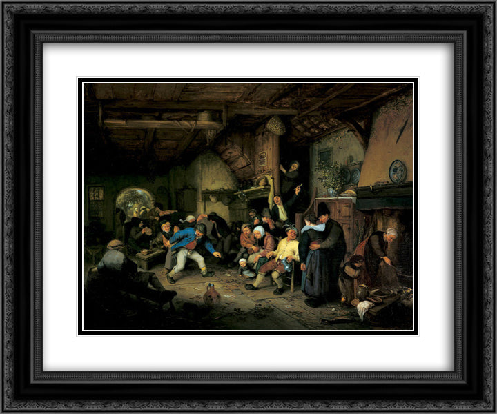 Peasants Dancing in a Tavern 24x20 Black Ornate Wood Framed Art Print Poster with Double Matting by Ostade, Adriaen van