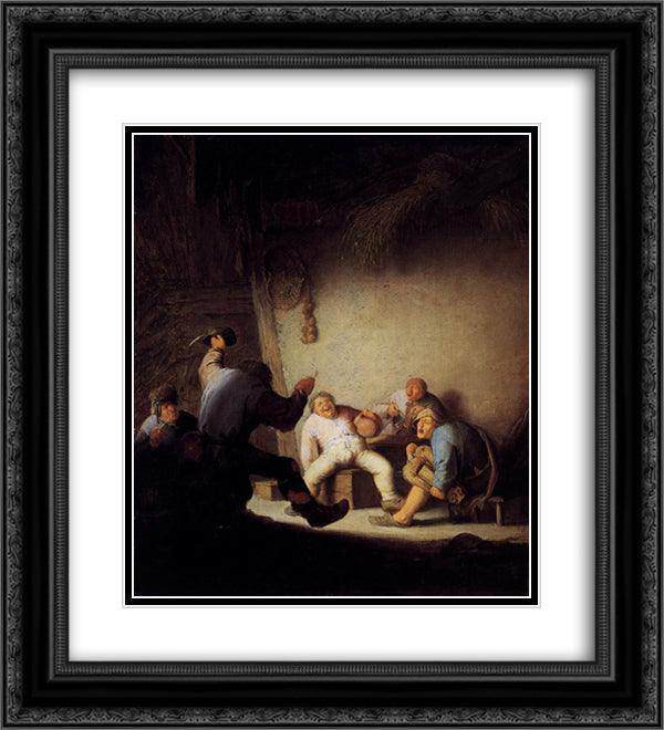Peasants Drinking and Making Music in a Barn 20x22 Black Ornate Wood Framed Art Print Poster with Double Matting by Ostade, Adriaen van