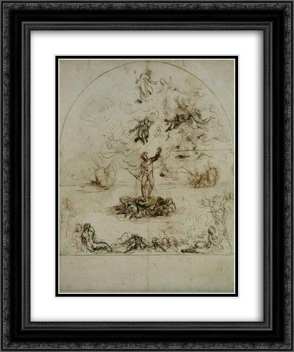 Neptune dispersing the clouds and calming the tides 20x24 Black Ornate Wood Framed Art Print Poster with Double Matting by Carracci, Agostino