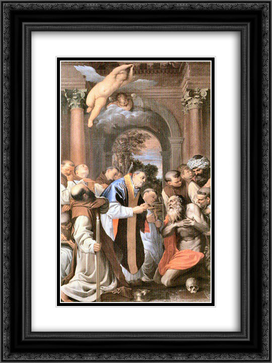 The Last Communion of St. Jerome 18x24 Black Ornate Wood Framed Art Print Poster with Double Matting by Carracci, Agostino