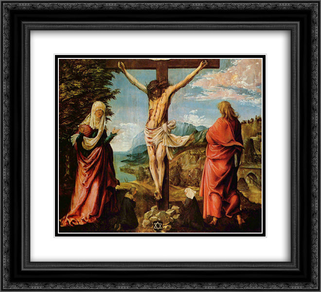 Crucifixion scene, Christ on the Cross with Mary and John 22x20 Black Ornate Wood Framed Art Print Poster with Double Matting by Altdorfer, Albrecht