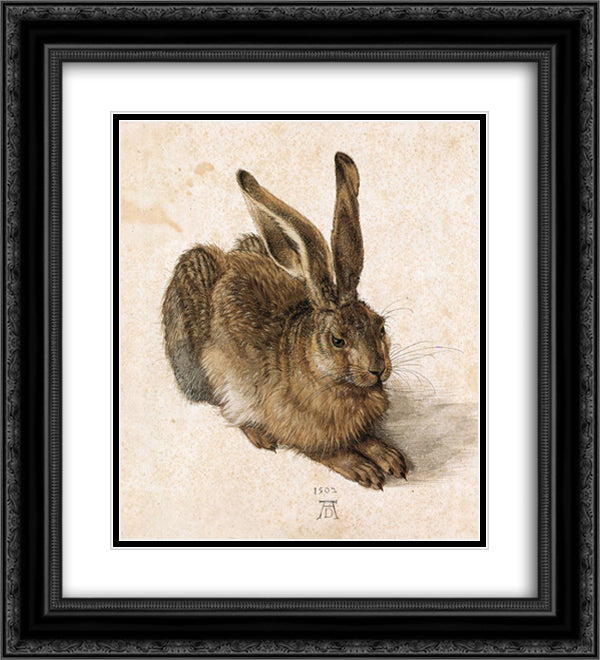 A Young Hare 20x22 Black Ornate Wood Framed Art Print Poster with Double Matting by Durer, Albrecht