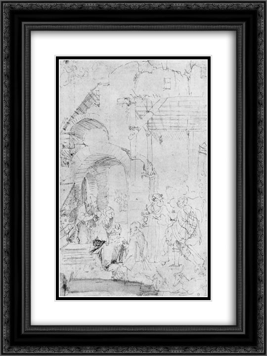 Adoration of the Magi 18x24 Black Ornate Wood Framed Art Print Poster with Double Matting by Durer, Albrecht