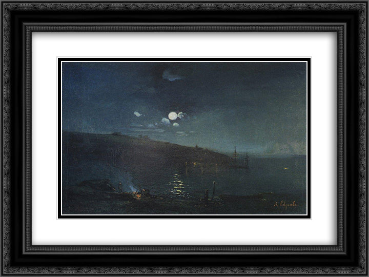 Moonlit night. Landscape with fire 24x18 Black Ornate Wood Framed Art Print Poster with Double Matting by Savrasov, Aleksey