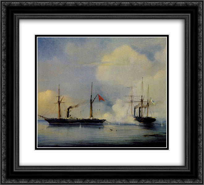 Action between Russian steam firgate Vladimir and Turkish steam frigate Pervaz in Bahri of November5, 1853 22x20 Black Ornate Wood Framed Art Print Poster with Double Matting by Bogolyubov, Alexey