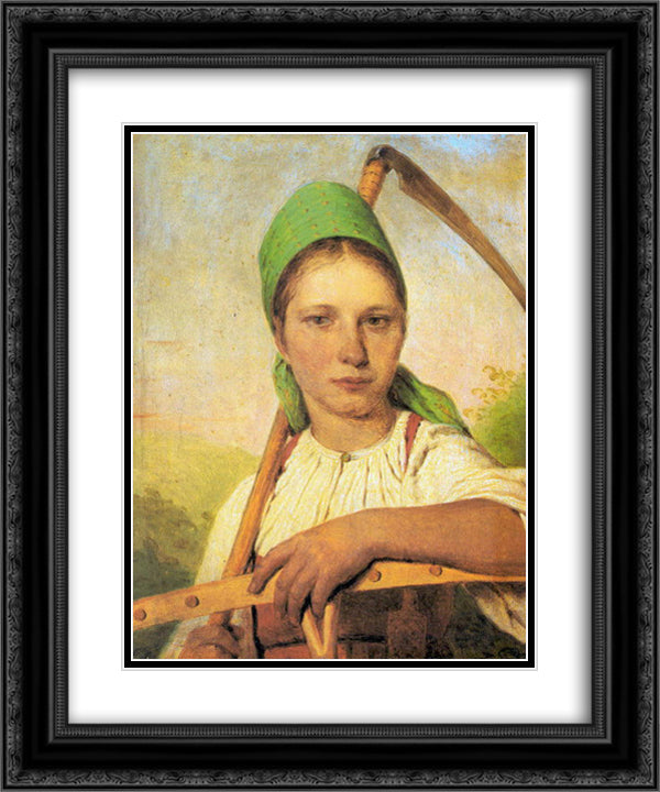 A Peasant Woman with Scythe and Rake 20x24 Black Ornate Wood Framed Art Print Poster with Double Matting by Venetsianov, Alexey