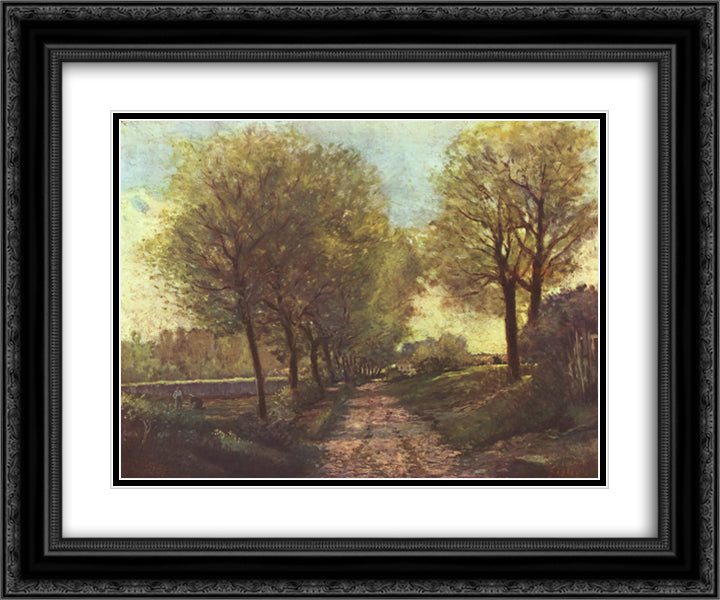 Avenue of trees in a small town 24x20 Black Ornate Wood Framed Art Print Poster with Double Matting by Sisley, Alfred