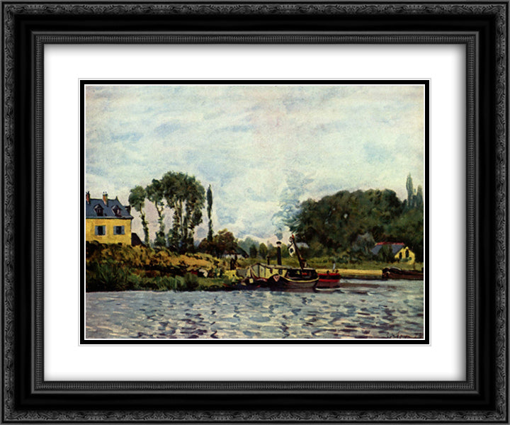 Boats at Bougival 24x20 Black Ornate Wood Framed Art Print Poster with Double Matting by Sisley, Alfred