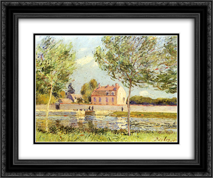 Houses on the banks of the Loing 24x20 Black Ornate Wood Framed Art Print Poster with Double Matting by Sisley, Alfred