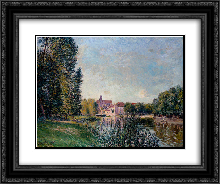 Loing River and Church at Moret 24x20 Black Ornate Wood Framed Art Print Poster with Double Matting by Sisley, Alfred