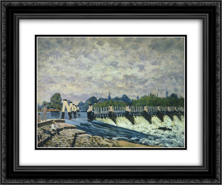 Molesey Weir at Hampton Court Morning 24x20 Black Ornate Wood Framed Art Print Poster with Double Matting by Sisley, Alfred