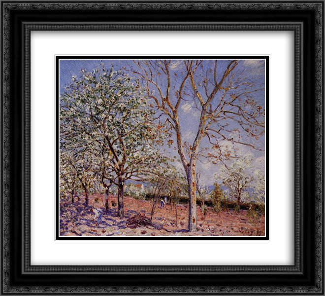 Plum and Walnut Trees in Spring 22x20 Black Ornate Wood Framed Art Print Poster with Double Matting by Sisley, Alfred