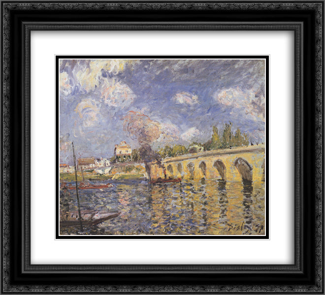 River steamboat and bridge 22x20 Black Ornate Wood Framed Art Print Poster with Double Matting by Sisley, Alfred