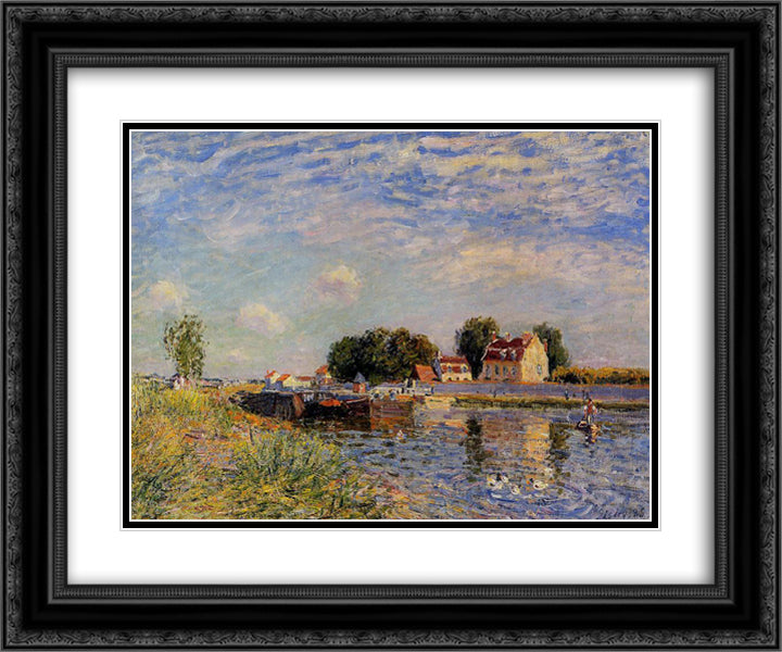 Saint Mammes, Ducks on Canal 24x20 Black Ornate Wood Framed Art Print Poster with Double Matting by Sisley, Alfred