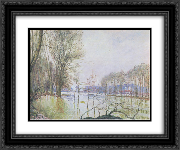 The Banks of the Seine in Autumn flood 24x20 Black Ornate Wood Framed Art Print Poster with Double Matting by Sisley, Alfred