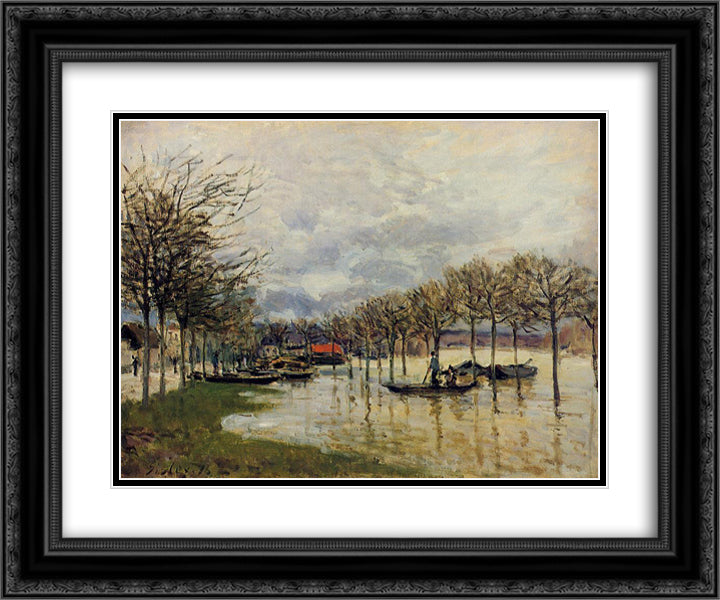The Flood on the Road to Saint Germain 24x20 Black Ornate Wood Framed Art Print Poster with Double Matting by Sisley, Alfred