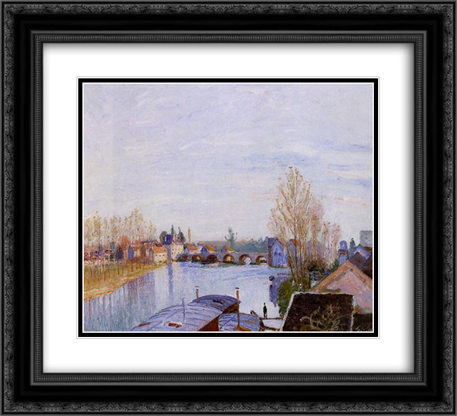 The Loing at Moret, the Laundry Boat 22x20 Black Ornate Wood Framed Art Print Poster with Double Matting by Sisley, Alfred
