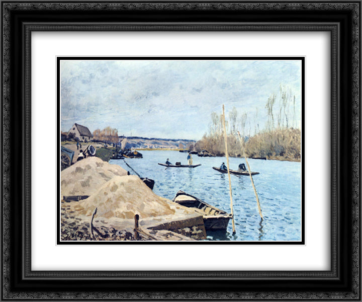 The Seine at Port Marly sand piles 24x20 Black Ornate Wood Framed Art Print Poster with Double Matting by Sisley, Alfred