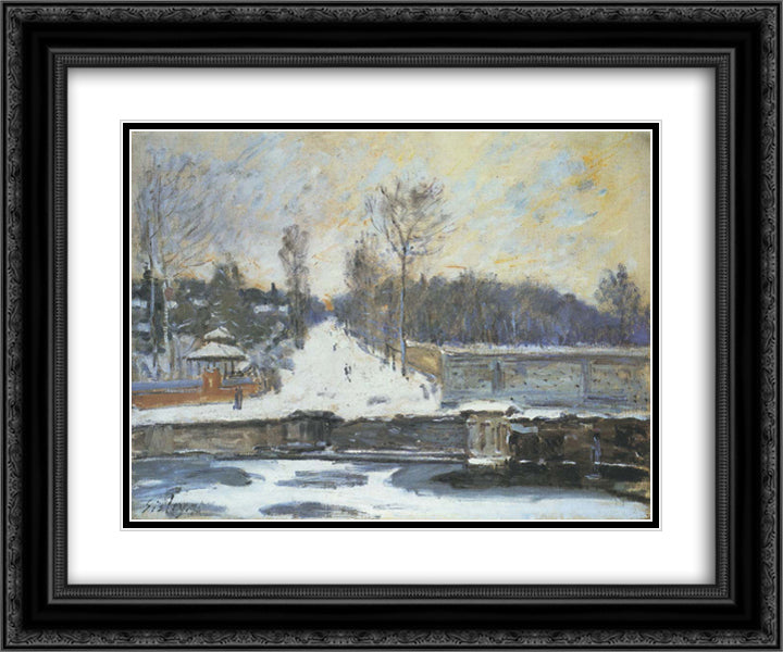 The Watering Place at Marly le Roi in Winter 24x20 Black Ornate Wood Framed Art Print Poster with Double Matting by Sisley, Alfred