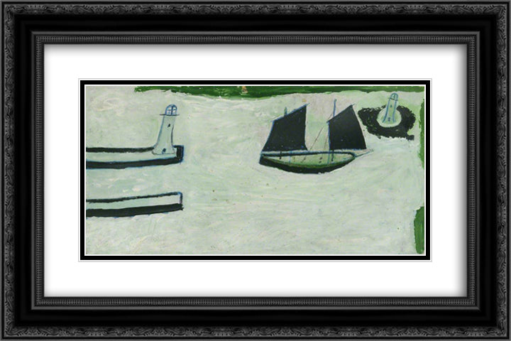 Fishing Boat Between Two Lighthouses 24x16 Black Ornate Wood Framed Art Print Poster with Double Matting by Wallis, Alfred