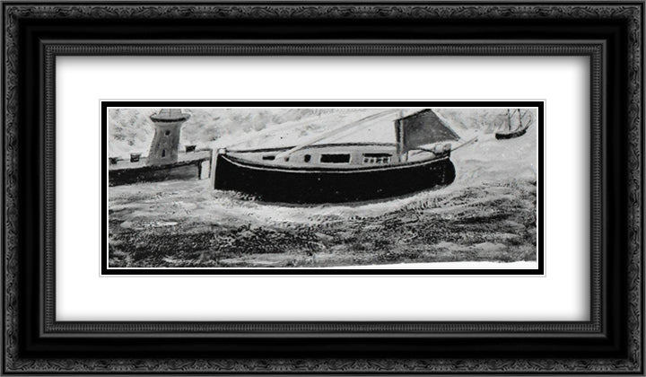 Fishing Boat in Harbour, with Red Sail Mast Steeped 24x14 Black Ornate Wood Framed Art Print Poster with Double Matting by Wallis, Alfred