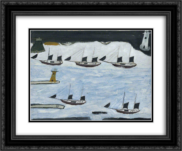 Five Ships, Mount's Bay 24x20 Black Ornate Wood Framed Art Print Poster with Double Matting by Wallis, Alfred