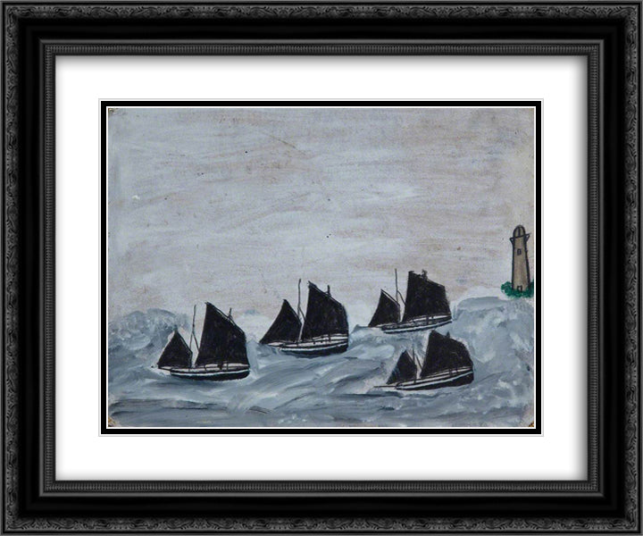 Four Boats by a Lighthouse 24x20 Black Ornate Wood Framed Art Print Poster with Double Matting by Wallis, Alfred