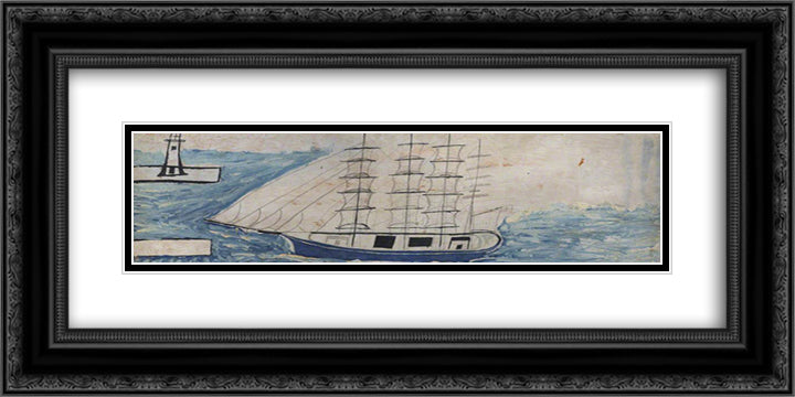 Four-Masted Sailing Ship and Lighthouse 24x12 Black Ornate Wood Framed Art Print Poster with Double Matting by Wallis, Alfred