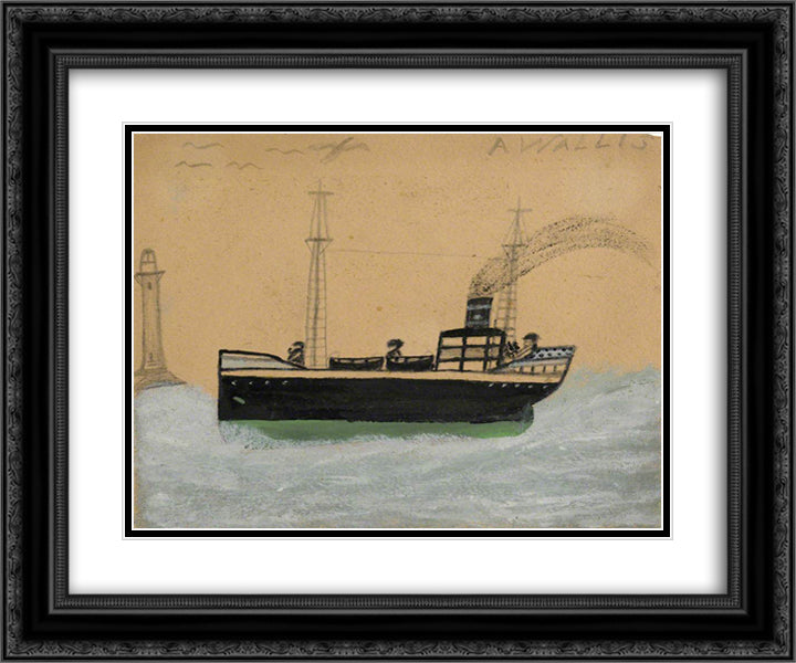 Green and Black Steamer, Lighthouse and Seagulls 24x20 Black Ornate Wood Framed Art Print Poster with Double Matting by Wallis, Alfred