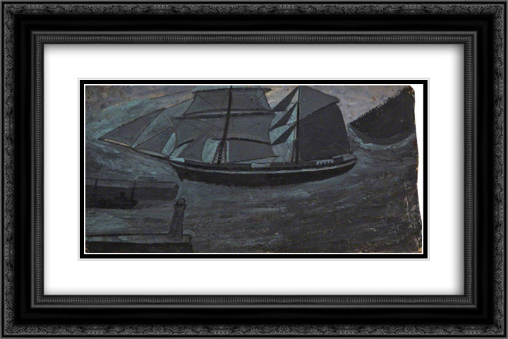 Grey Schooner 24x16 Black Ornate Wood Framed Art Print Poster with Double Matting by Wallis, Alfred