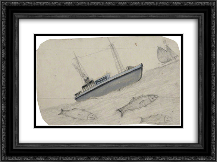 Grey Steamboat, Sailing Ship and Three Fish with Teeth 24x18 Black Ornate Wood Framed Art Print Poster with Double Matting by Wallis, Alfred