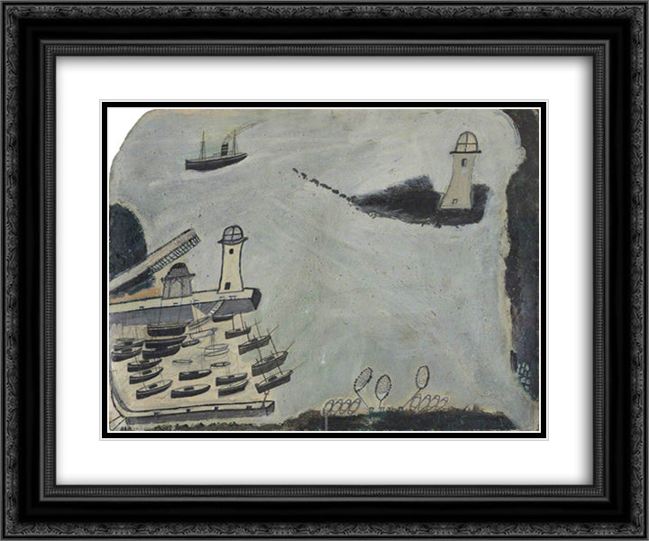Harbour with Two Lighthouses and Motor Vessel, St Ives Bay 24x20 Black Ornate Wood Framed Art Print Poster with Double Matting by Wallis, Alfred