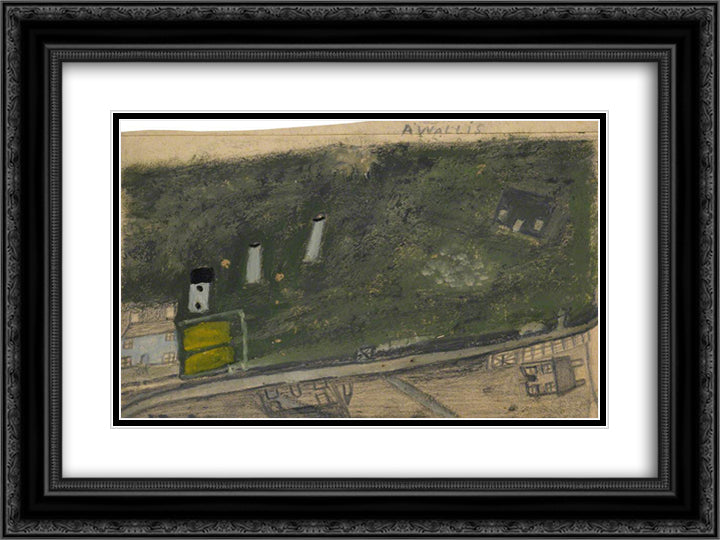 Landscape with Field, Chimneys and Road between Blue and Dark Green Cottages (Consols Mine) 24x18 Black Ornate Wood Framed Art Print Poster with Double Matting by Wallis, Alfred