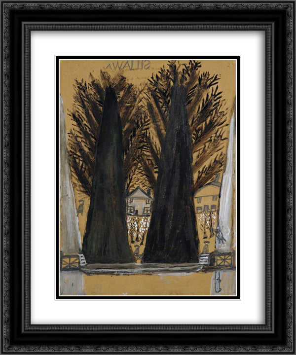 Landscape with Two Large Trees and Houses 20x24 Black Ornate Wood Framed Art Print Poster with Double Matting by Wallis, Alfred